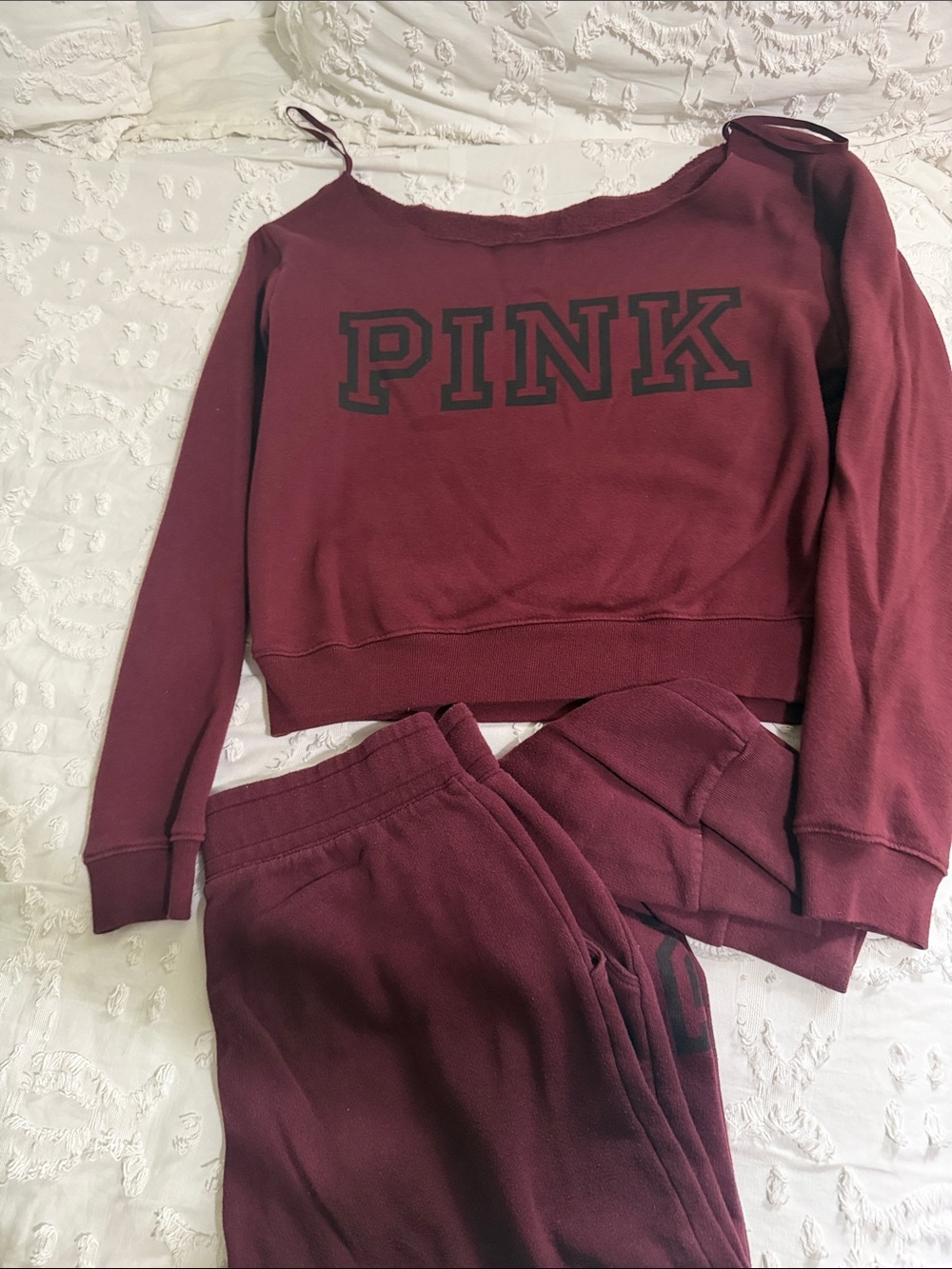 PINK Victoria's Secret Maroon off the shoulder Sweatshirt and Joggers Set